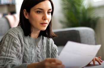 A person in a cozy setting examines documents while seated at a laptop, surrounded by books and a green plant in the background
