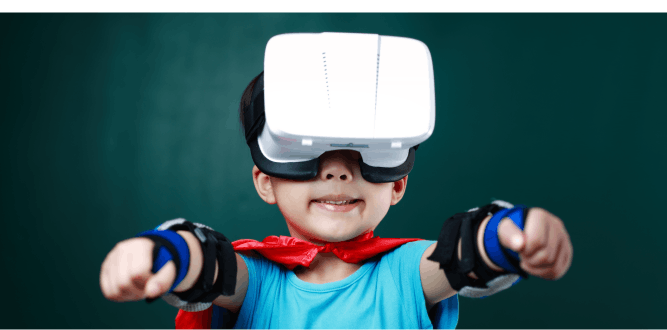 Small child with a VR headset pretending to be a super hero.