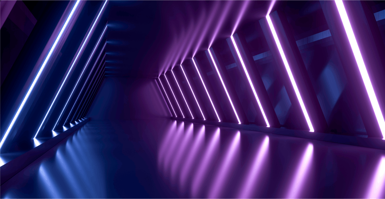 Abstract tunnel with blue and purple strip lights leading the way