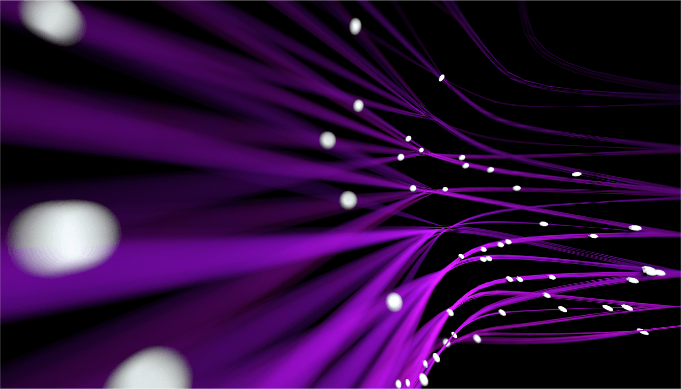 Abstract close-up of modern purple technology wires with white flashes swooping out to the right hand side